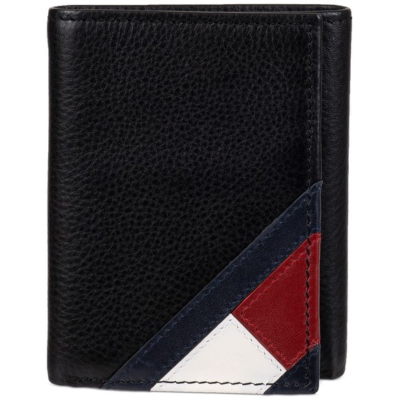 Tommy Hilfiger Men's Orson Ii Angled Flag Trifold Genuine Leather Wallet Black - Picture 1 of 6